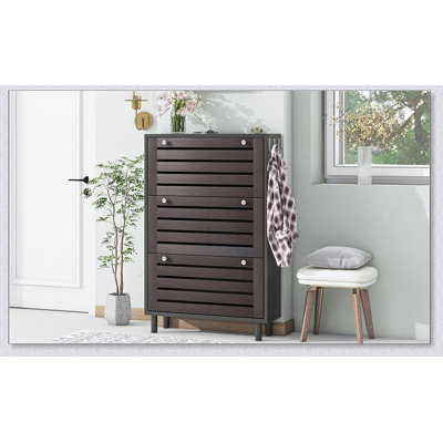 Shoe Cabinet with Hanging Hooks, Slits Design Panels Entryway Organizer with 3 Flip Drawers, Free Standing Shoe Rack with Adjustable Panel for Hallway