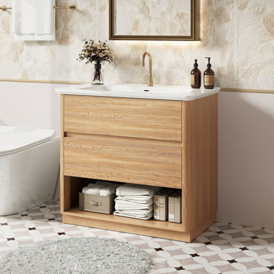 Meuble-lavabo de 91 cm avec lavabo simple en céramique intégrée, meubles-lavabos avec plancher en bois naturel et grand espace de rangement