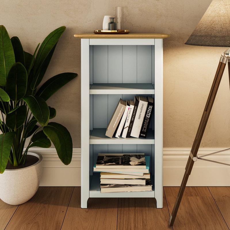 Daris 3 Tier Low Bookcase Shelving Unit. Solid Oak Top. Fully Assembled, Off White