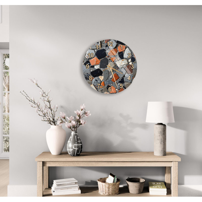 Horloge murale Terrazzo, motif de pierre moderne, décor en verre trempé pour la cuisine, montre mosaïque colorée, idée de cadeau de pendaison de crémaillère unique