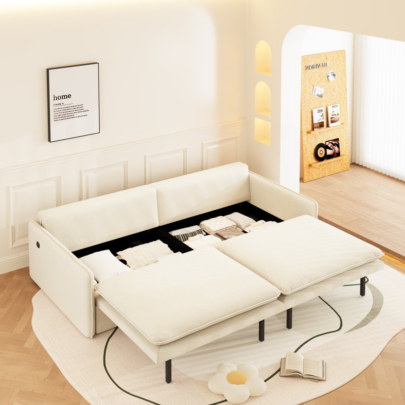 Canapé-lit escamotable 81,1 po très grand avec abattant, port USB et coussin 2 en 1, Beige