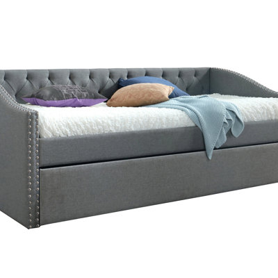Luxurious 1Pc Modern Daybed Button Tufted Nailhead Trim Armrest Pull Out Trundle Bedroom Living Room Furniture Finish