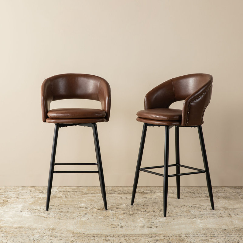 Tabouret de bar rembourré avec garniture cloutée, Brun