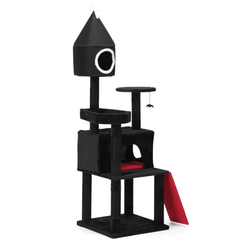 Arbre à chat 64 po avec lit cercueil 64 po, tour de chat intérieure noire avec condo, plateforme, poteaux à griffer en sisal, perchoir, rampe et jouet interactif