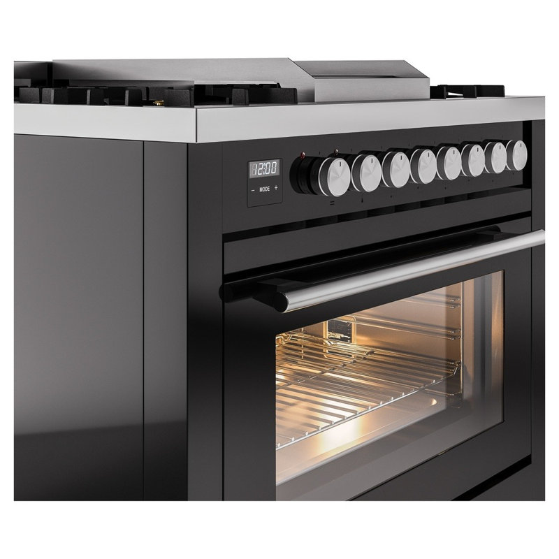 Cuisinière à double combustible 36 ILVE Professional Plus II, 6 brûleurs scellés, plaque chauffante (noir brillant)