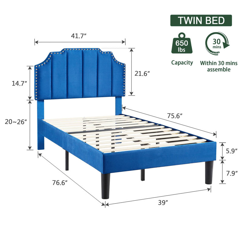 Lit simple tapissier avec 2 tables de chevet - Ensemble de chambre à coucher moderne, Lit simple