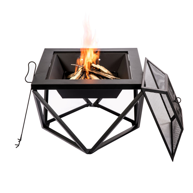 Teamson 60cm Wood Burning Fire Pit with Spark Screen, Fire Poker, Cooking Grate, Square Steel Fire Bowl for Patio & Garden