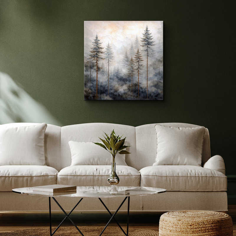Misty Pine Forest Landscape Artwork, Neutral Woodland Nature Pictures, Framed Canvas Giclee Print Wall Art, Wrapped Canvas