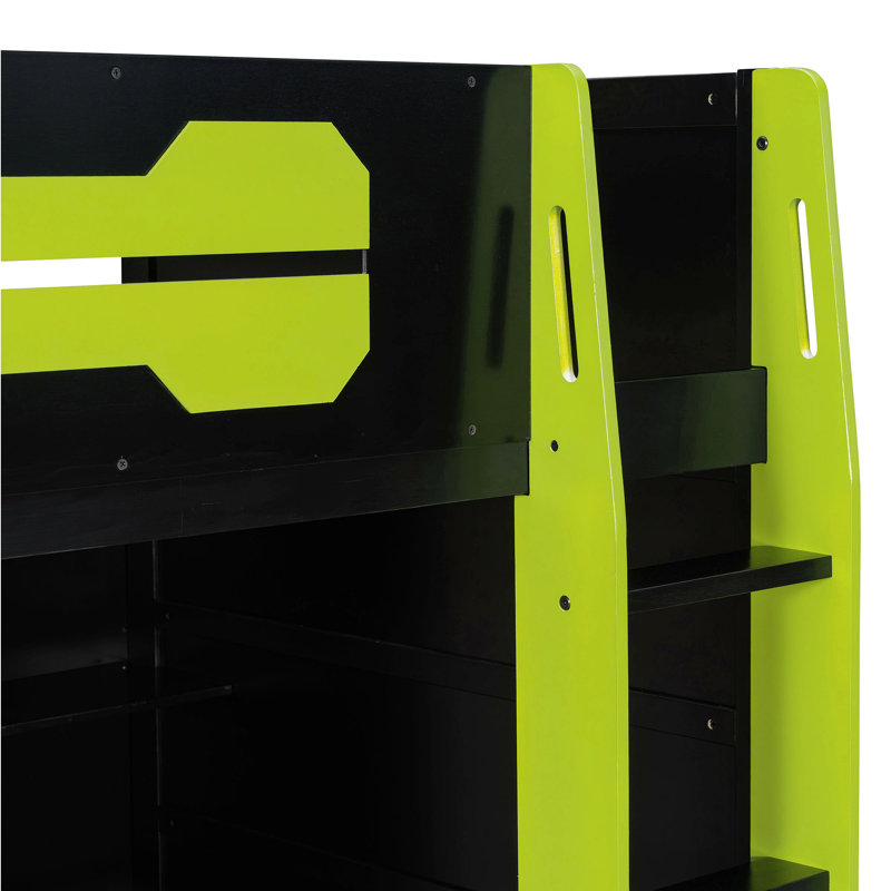Lit mezzanine simple en bois avec bureau, tablettes multiples et lumière RVB, vert, Green