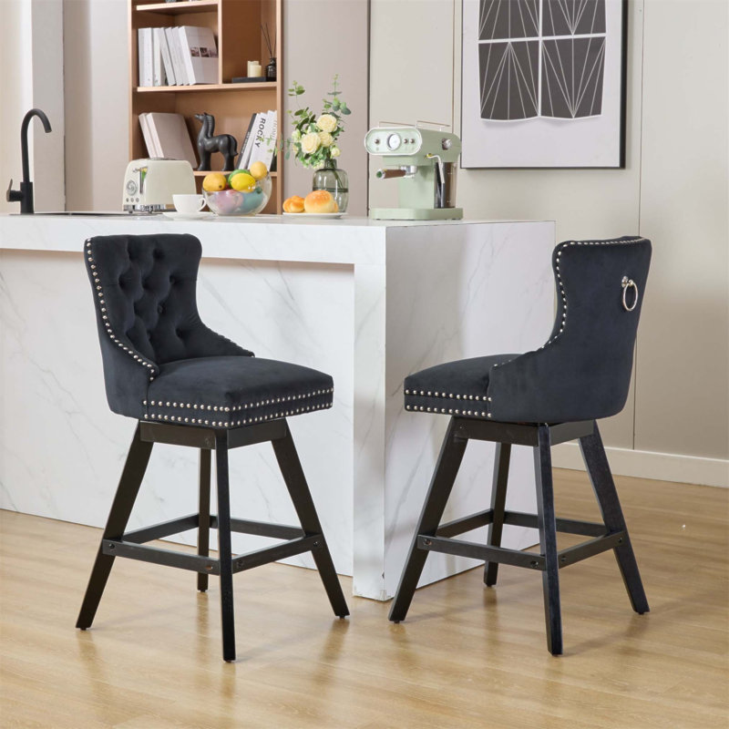 Swivel Velvet Barstools With Button Tufted Design, Wooden Legs, And Chrome Nailhead Trim, Set Of 2, Black