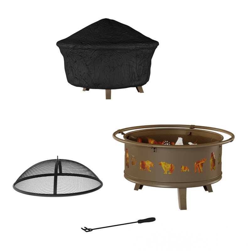 Antique Gold 32-Inch Steel Fire Pit Table with Bear Cutouts