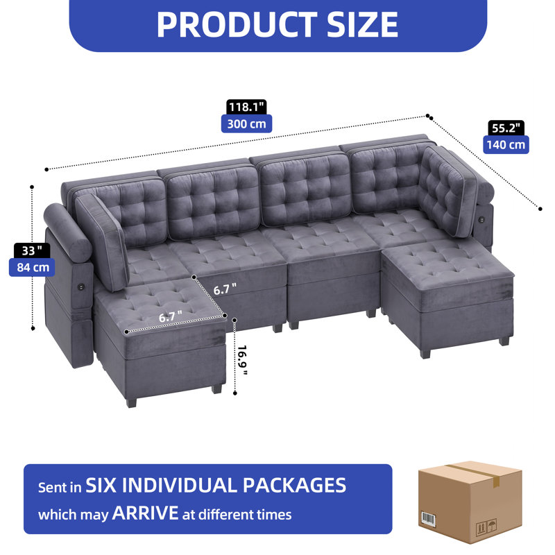 Ensemble de canapé modulaire en velours avec accoudoirs réglables, rangement et charge USB