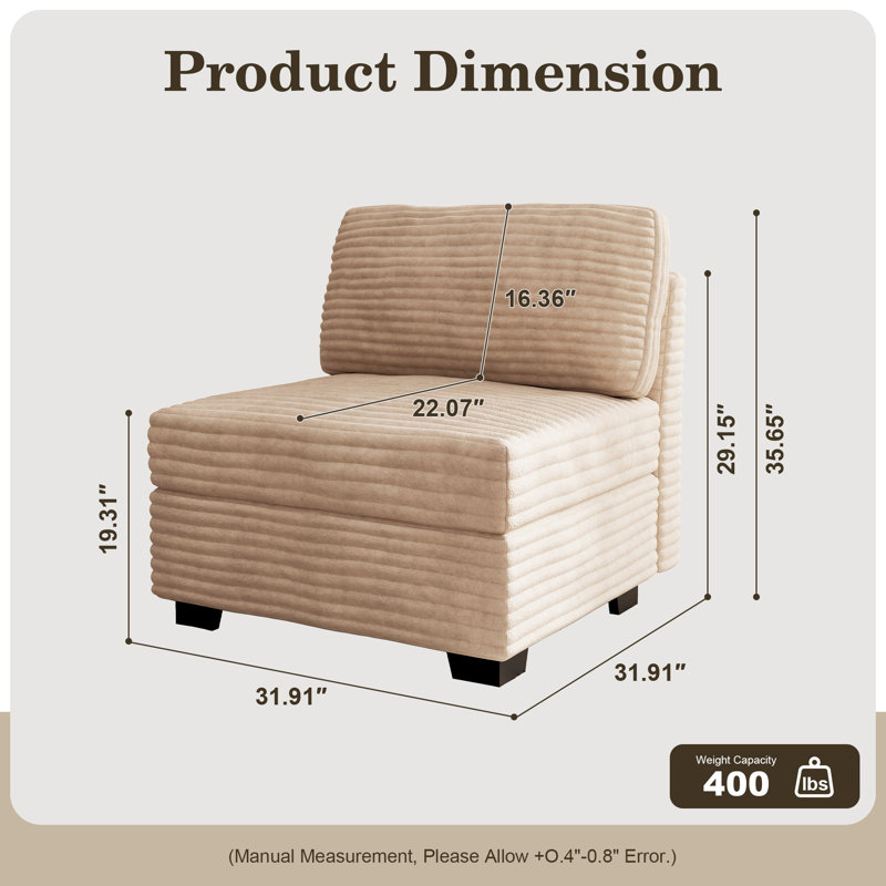 32.7'' Corduroy Upholstered Modular Armless Chair, Sectional Sofa Piece, Beige
