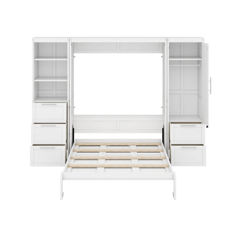 Grand lit escamotable avec tiroirs et tablettes, Blanc
