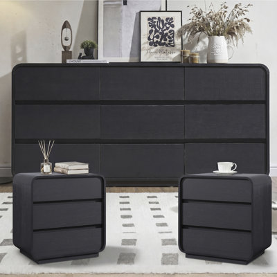 3-Piece Black Curved Bedroom Set With Charging Station