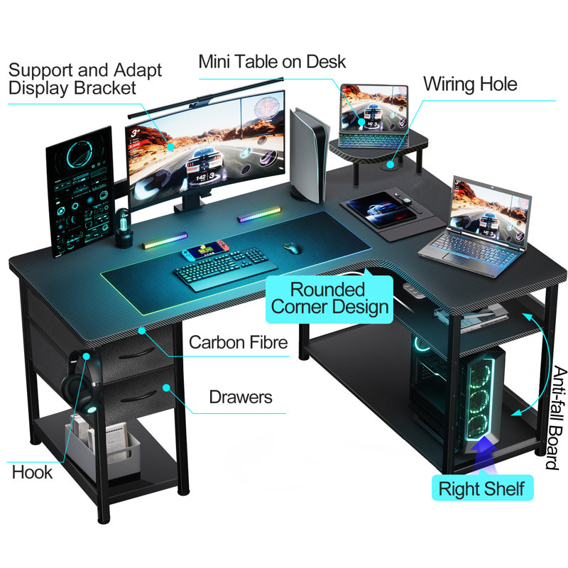 L-shape Gaming Desk, Carbon Fibre Computer Desk with Monitor Arm, Gaming Table for Home Office Desks, Easy To Assembly