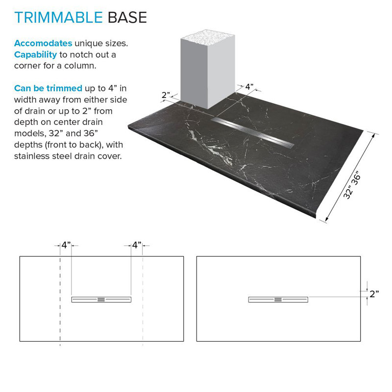 Base de douche à seuil zéro 60 po x 42 po avec drain central Transolide Trimslate Plus, Noir Sterling