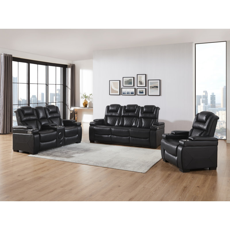 3 - Piece Power Reclining Breathable Leather Living Room Set With Blueooth Speeker And Wireless Charger, Black