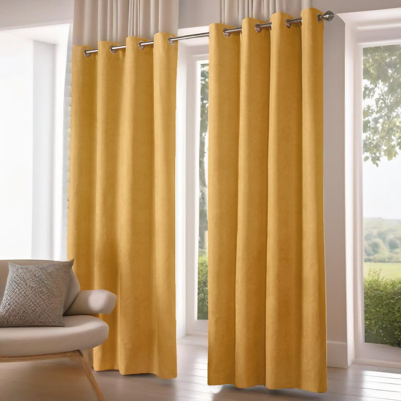 Nalaiyah Velvet Chenille Eyelet Curtains, 142cm Width x 137cm Drop, Ochre