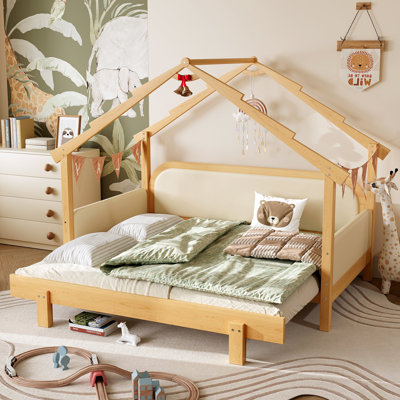 Lit en bois dans une cabane avec rails à coussins moelleux, pour enfants, adolescents, filles, garçons