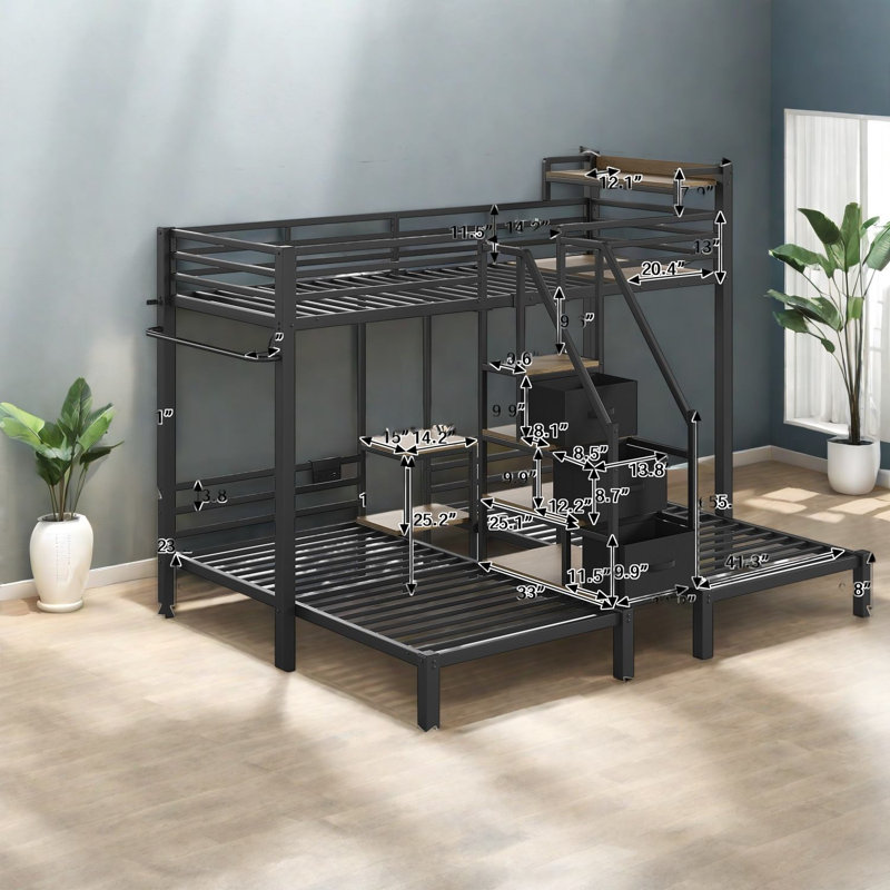 Lits triples avec rangement, lits jumeaux superposés en métal, style moderne, Noir