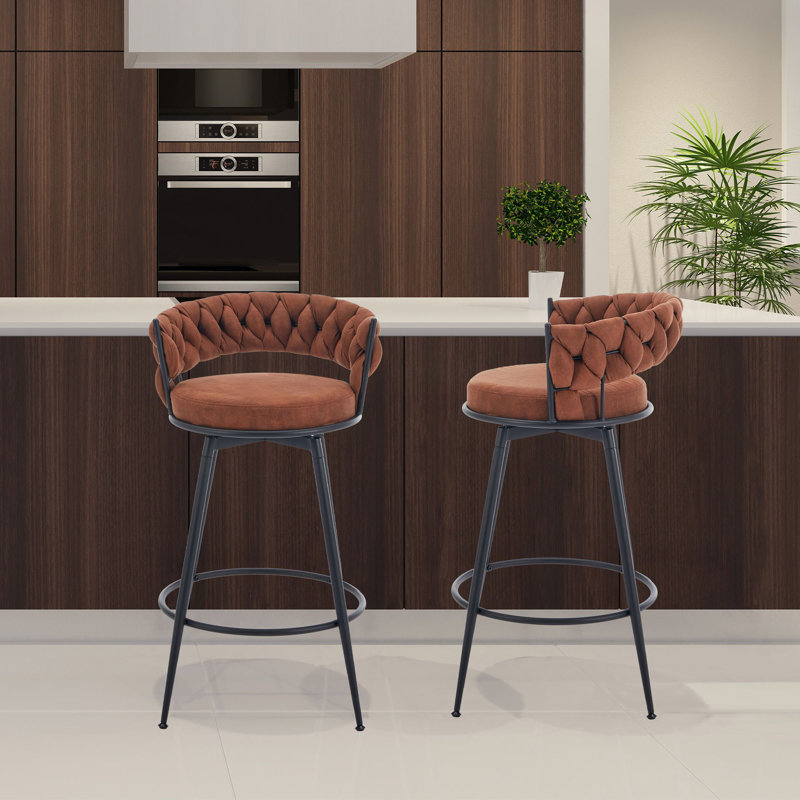 Counter Height Bar Stools Set of 2 - 360° Swivel with Suede Fabric & Modern Woven Design, Backrest & Footrest for Kitchen Cafe Pub