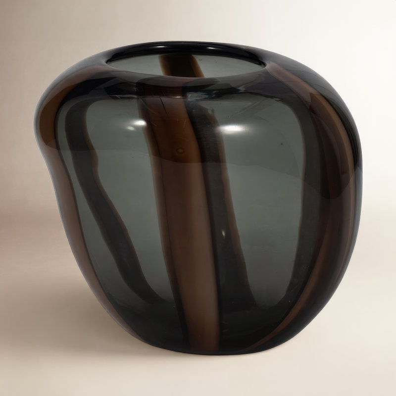 Frans Bayle Brown Striped Glass Vase, Novelty, Striped, 7" H x 9" W x 8.5" D