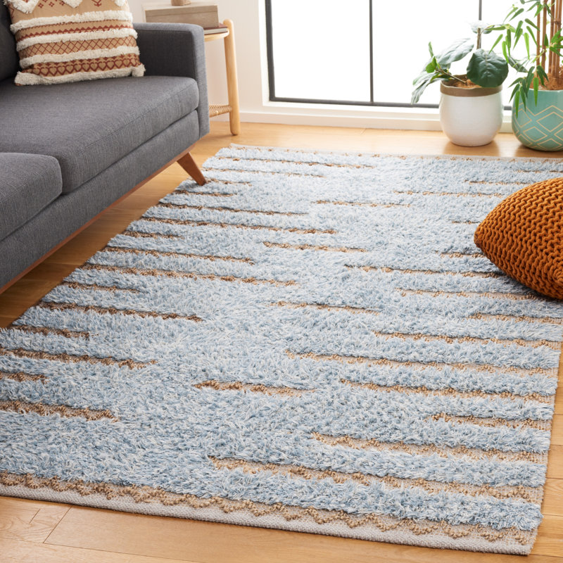Amauria Hand Woven Wool/Jute/Cotton Abstract Rug in Blue/Natural, Rectangle 5' x 8'