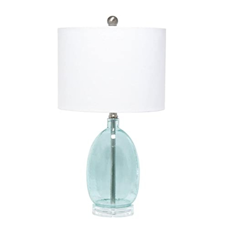 Clear Blue Glass Nightstand Lamp with White Barrel Shade