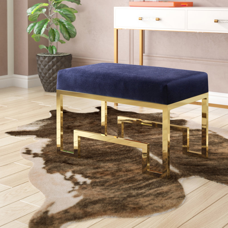 Upholstered Declan Laurence Stainless Steel Vanity Stool - Modern Upholstered Metal Accent Stool – Contemporary Decorative Stool for Living Room, Office, or Bedroom
