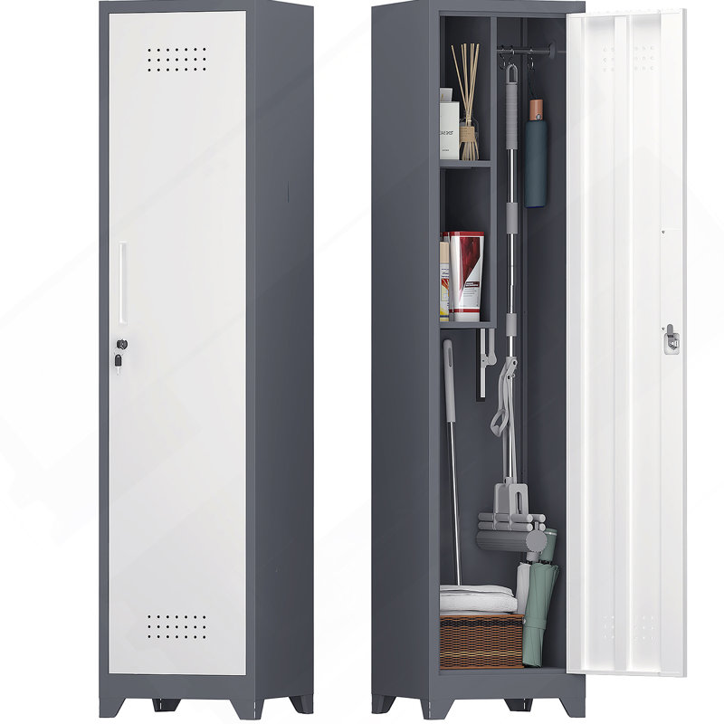 Metal Broom Storage Cabinet, 65" Narrow Broom Cabinet With Hooks, Slim Bathroom Storage Cabinet With Shelves, Heavy-Duty Cleaning Storage Cabinet For Utility Room