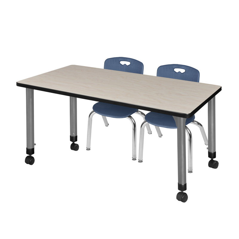 Table de classe réglable Kee Mobile, 2 chaises empilables et base Andy, Bleu, Érable, H 34 po x l 48 po x P 24 po
