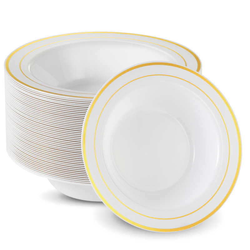 50 Pack Disposable Plastic Soup Bowls Gold Rim 12 Oz