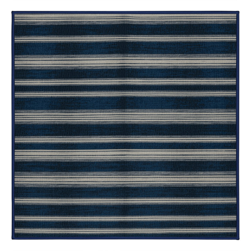 Washable Indigo Light Gray Striped Area Rug, Square 3'