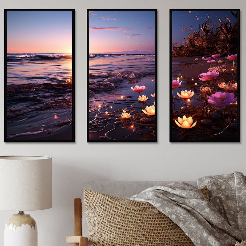 Coucher de soleil floral sur la plage Flourish III - art mural plage, Cadre flottant noir, H 28 po x l 36 po