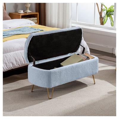 Banc bleu avec repose-pieds avec pieds dorés, banc d'entrée en fausse fourrure gris moderne rembourré avec rangement pour le salon et la chambre à coucher
