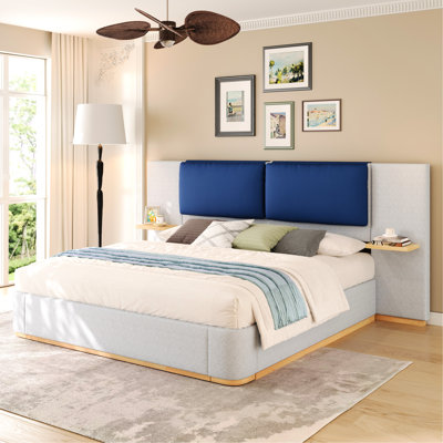 Très grand cadre de lit plateforme tapissier très grand, bleu et gris, coins arrondis, tablettes latérales pour les articles, expérience de confort semblable au nuage, coussins en cuir souple, conception à blocs de couleur, pu