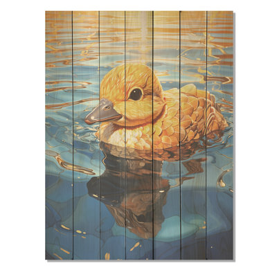 Swimming Yellow Duck In River - Duck Animal On Wood Print