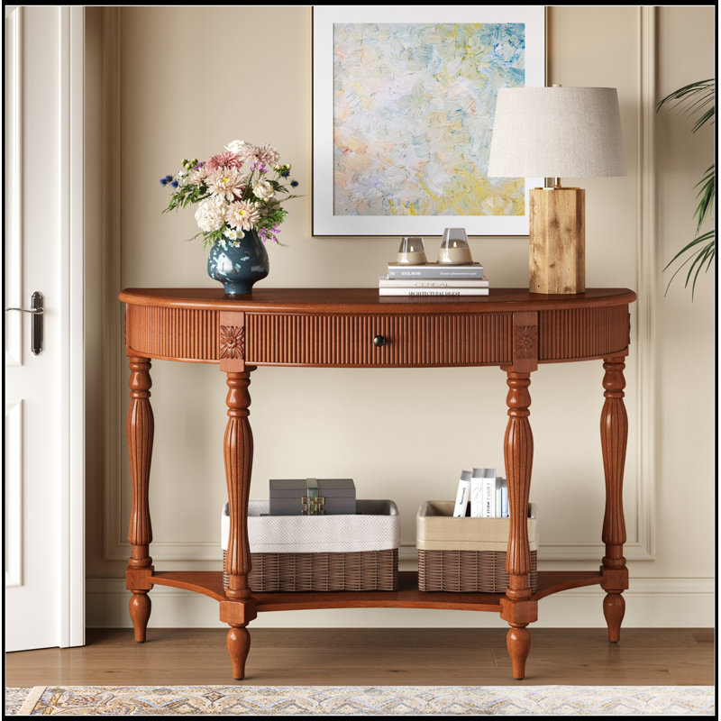 Demi-lune en bois avec tiroir et tablette, Rustic Brown