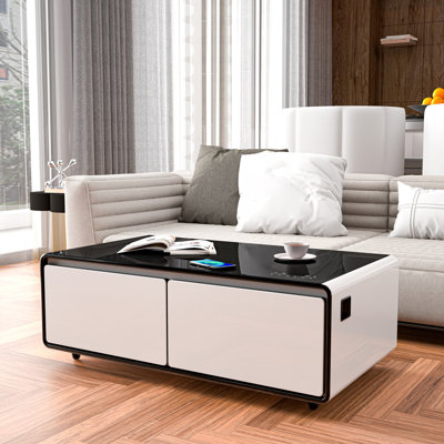 Table basse moderne et intelligente avec réfrigérateur intégré, haut-parleurs Bluetooth, chargement sans fil, prise de courant, ports USB
