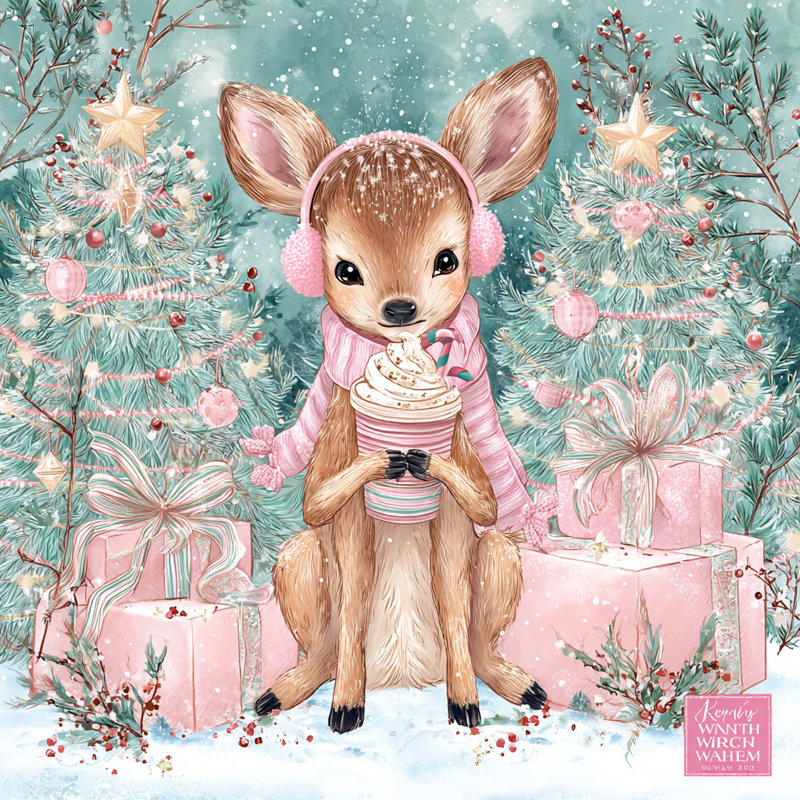 «Winter Deer with Hot Chocolate», art mural sur toile tendue, H 20 po x l 20 po