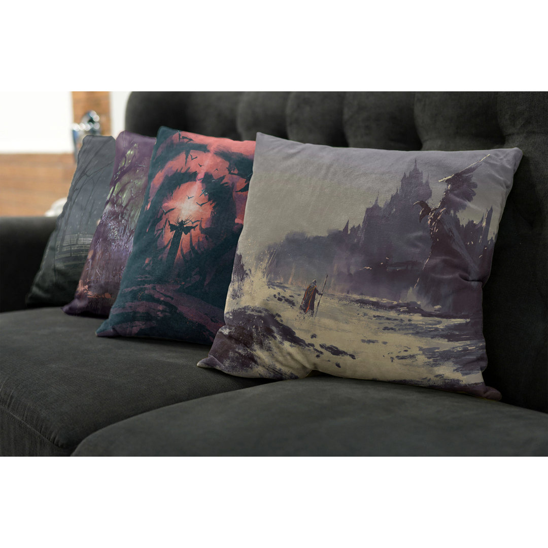 Fantasy Magic Universe Adventure Themed Scenes Wizard Knight Passenger Night Woods 4 Piece Square Pillow Cover Set Ambesonne