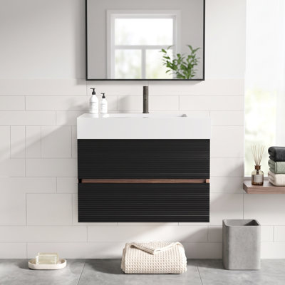 Meuble-lavabo flottant mural de 30 po, deux tiroirs noirs à fermeture en douceur, lavabo en pierre composite une pièce, lavabo blanc brillant, robinet et drain non inclus
