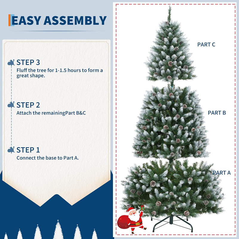 Arbre de Noël artificiel pré-éclairé, pommes de pin enneigées, H 7 pi 6 po