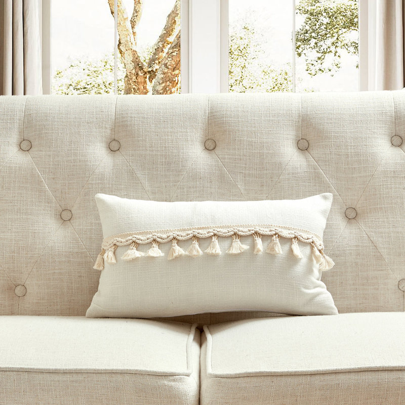 Tissu en chenille avec détails pompon et coussin en polyester, Ivoire ivoire, Polyester