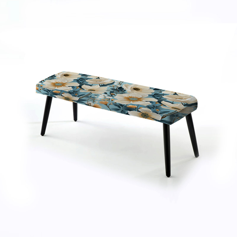 Blue Coastal Blossoms Floral Pattern - Floral Upholstered Black Bench