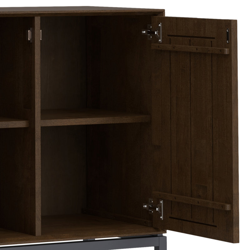 Walnut Brown Solid Hardwood and Metal 4-Door Sideboard Buffet