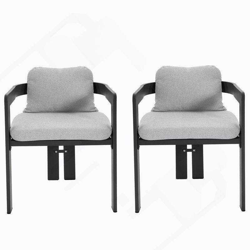Chaise de patio d'extérieur en aluminium, ensemble de 2, finition noire avec coussin gris