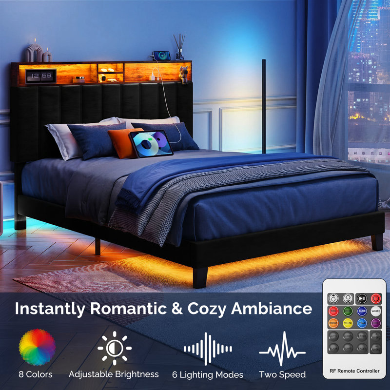 Upholstered Bed Frame with Headboard-Storage Headboard with Smart LED Lights and USB Charging Station,Noise Free,No Box Spring Needed