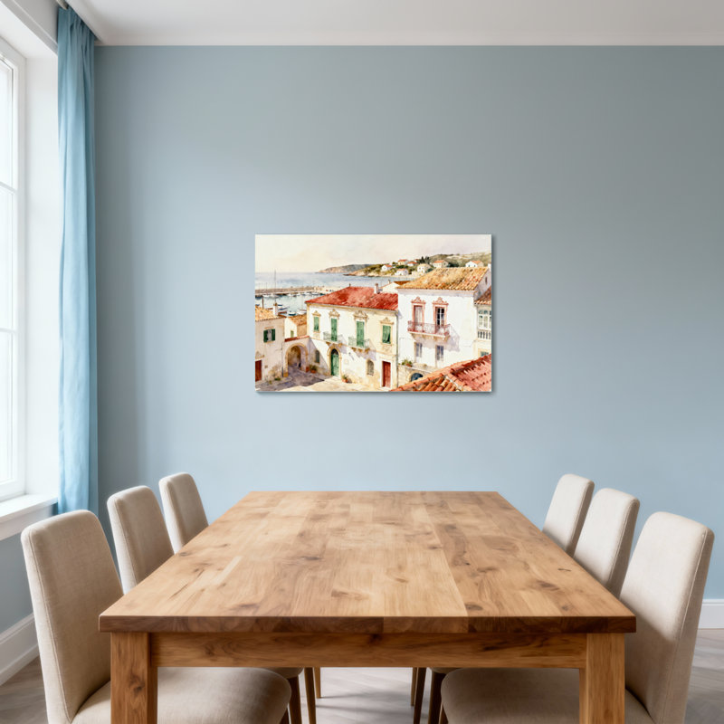 Scène d'aquarelle de village méditerranéen, H 20 po x l 30 po